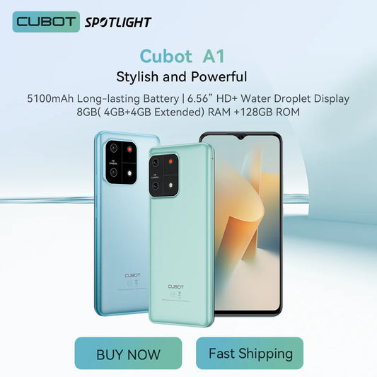 Cubot A1, Smartphone Android 13, Octa-core, 8GB RAM (4GB+4GB), 128GB ROM, 6.56'' HD+ Screen, 13MP Camera, 5100mAh, Face ID Phone